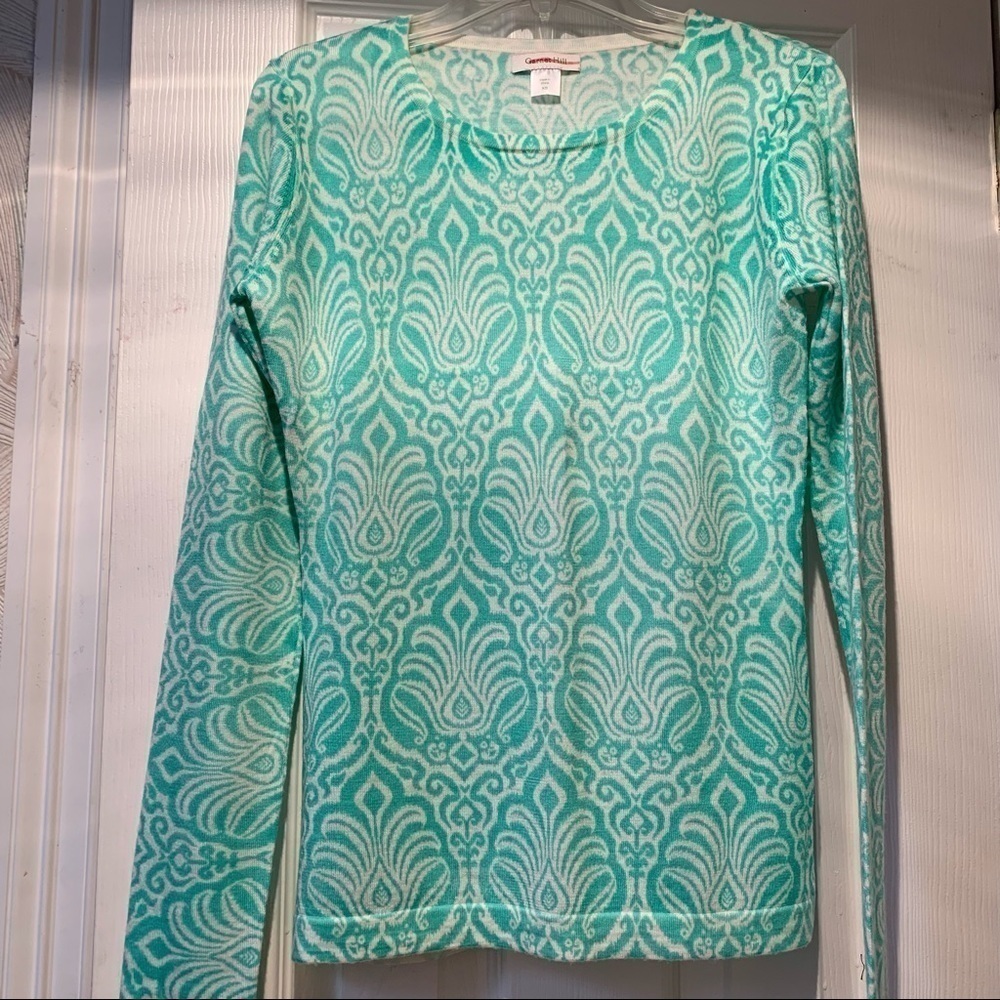 GARNET HILL green merino damask print crew neck long sleeve sweater fall winter